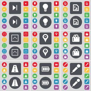 Media skip, Light bulb, Media file, Arrow up, Checkpoint, Shopping bag, Road, Battery, Microphone icon symbol. A large set of flat, colored buttons for your design. illustration