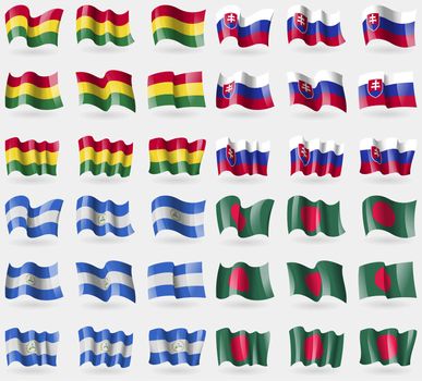 Bolivia, Slovakia, Nicaragua, Bangladesh. Set of 36 flags of the countries of the world. illustration