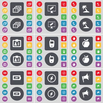 Gallery, Monitor, Palm, Contact, Mobile phone, Apple, Charging, Flash, Megaphone icon symbol. A large set of flat, colored buttons for your design. illustration