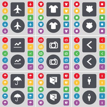 Airplane, T-Shirt, Police badge, Graph, Camera, Arrow left, Umbrella, Wallet, Silhouette icon symbol. A large set of flat, colored buttons for your design. illustration