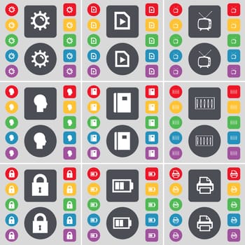 Gear, Media file, Retro TV, Sillhouette, Notebook, Equalizer, Lock, Battery, Printer icon symbol. A large set of flat, colored buttons for your design. illustration