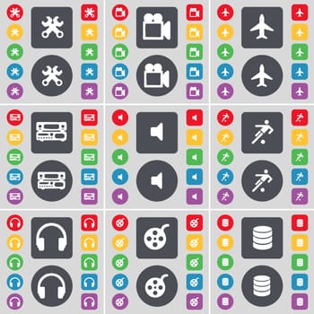 Wrench, Film camera, Airplane, Record-player, Sound, Football, Headphones, Videotape, Database icon symbol. A large set of flat, colored buttons for your design. illustration
