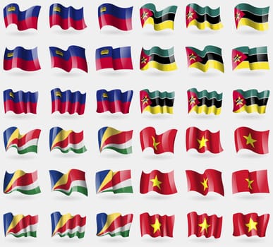 Liechtenstein, Mozambique, Seychelles, Vietnam. Set of 36 flags of the countries of the world. illustration