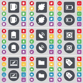 Cup, Leaf, Battery, Satellite dish, Speaker, Laptop, Folder, Tag icon symbol. A large set of flat, colored buttons for your design. illustration