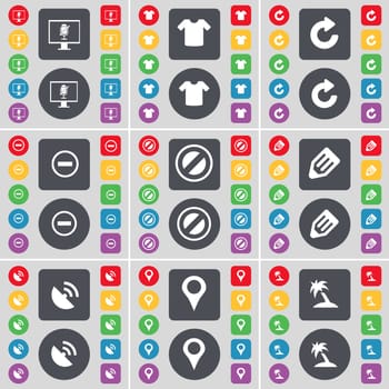 Monitor, T-Shirt, Reload, Minus, Stop, Pencil, Satellite dish, Checkpoint, Palm icon symbol. A large set of flat, colored buttons for your design. illustration