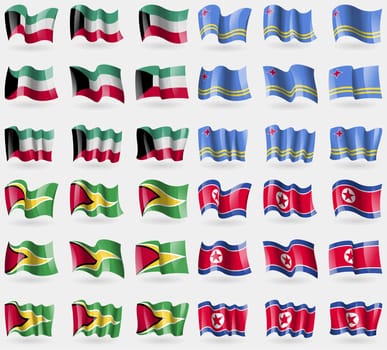 Kuwait, Aruba, Guyana, Korea North. Set of 36 flags of the countries of the world. illustration