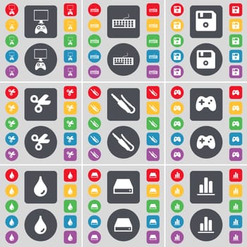 Game console, Keyboard, Floppy disk, Scissors, Microphone connector, Gamepad, Drop, Hard drive, Diagram icon symbol. A large set of flat, colored buttons for your design. illustration