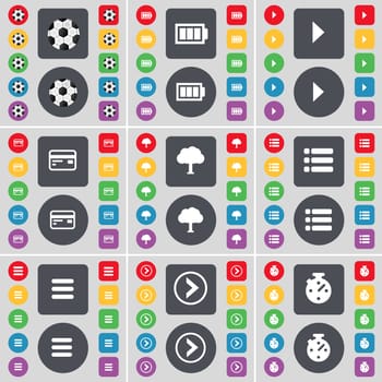 Ball, Battery, Media play, Credit card, Tree, List, Apps, Arrow right, Stopwatch icon symbol. A large set of flat, colored buttons for your design. illustration