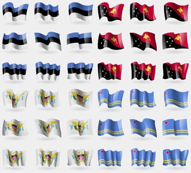 Estonia, Papua New Guinea, VirginIslandsUS, Aruba. Set of 36 flags of the countries of the world. illustration