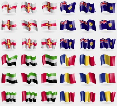 Guernsey, Turks and Caicos, United Arab Emirates, Romania. Set of 36 flags of the countries of the world. illustration