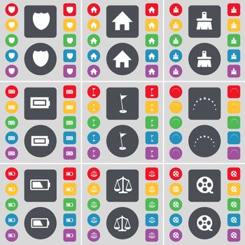 Badge, House, Brush, Battery, Golf hole, Stars, Scales, Videotape icon symbol. A large set of flat, colored buttons for your design. illustration