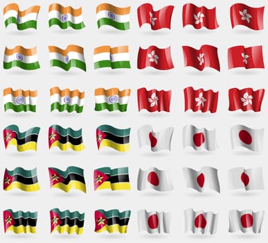 India, Hong Kong, Mozambique, Japan. Set of 36 flags of the countries of the world. illustration