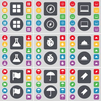 Apps, Flash, Laptop, Flask, Stopwatch, Tray, Flag, Umbrella, Marker icon symbol. A large set of flat, colored buttons for your design. illustration