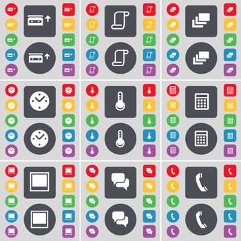 Cassette, Scroll, Gallery, Clock, Thermometer, Calculator, Window, Chat, Receiver icon symbol. A large set of flat, colored buttons for your design. illustration