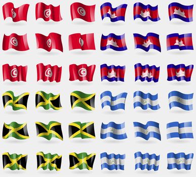 Tunisia, Cambodia, Jamaica, Nicaragua. Set of 36 flags of the countries of the world. illustration