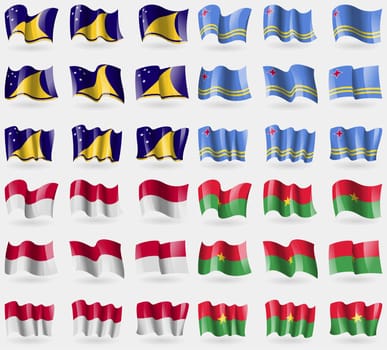 Tokelau, Aruba, Indonesia, Burkia Faso. Set of 36 flags of the countries of the world. illustration