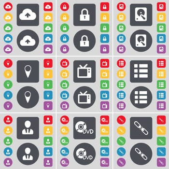 Cloud, Lock, Hard drive, Checkpoint, Retro TV, List, Avatar, DVD, Link icon symbol. A large set of flat, colored buttons for your design. illustration