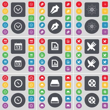 Arrow down, Ink pen, Star, Calendar, Diagram file, Fork and knife, Compass, Hard drive, Videotape icon symbol. A large set of flat, colored buttons for your design. illustration