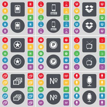 Mobile phone, Smartphone, Dropbox, Star, Parking, Retro TV, Gallery, Number, Microphone icon symbol. A large set of flat, colored buttons for your design. illustration