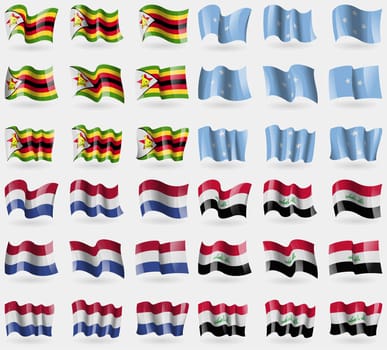 Zimbabwe, Micronesia, Netherlands, Iraq. Set of 36 flags of the countries of the world. illustration