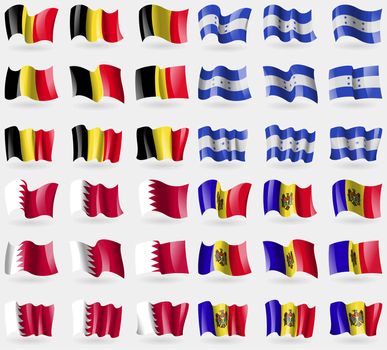 Belgium, Honduras, Bahrain, Moldova. Set of 36 flags of the countries of the world. illustration