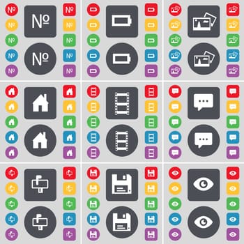 Number, Battery, Picture, House, Negative films, Chat cloud, Mailbox, Floppy, Vision icon symbol. A large set of flat, colored buttons for your design. illustration