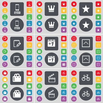 Smartphone, Crown, Star, Survey, Plus one, Arrow up, Shopping bag, Clapper, Bicycle icon symbol. A large set of flat, colored buttons for your design. illustration