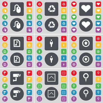 Mouse, Recycling, Heart, Music file, Silhouette, Arrow up, CCTV, Arrow up, Checkpoint icon symbol. A large set of flat, colored buttons for your design. illustration