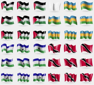 Palestine, Karakalpakstan, Lesothe, Trinidad and Tobago. Set of 36 flags of the countries of the world. illustration