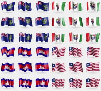 Pitcairn Islands, Bosnia and Hezegovina Federation, Cambodia, Liberia. Set of 36 flags of the countries of the world. illustration