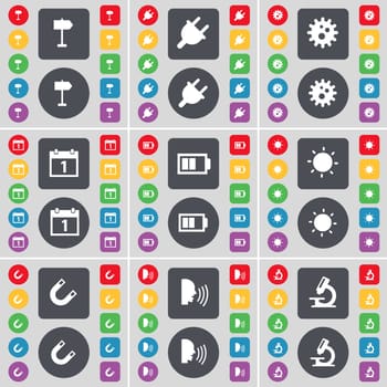 Signphone, Socket, Gear, Calendar, Battery, Light, Magnet, Talk, Microscope icon symbol. A large set of flat, colored buttons for your design. illustration