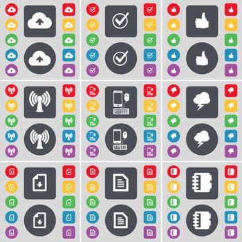 Cloud, Tick, Like, Wi-Fi, Smartphone, Lightning, Text file, Notebook icon symbol. A large set of flat, colored buttons for your design. illustration