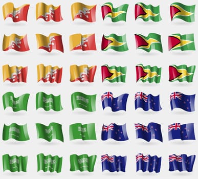 Bhutan, Guyana, Saudi Arabia, New Zeland. Set of 36 flags of the countries of the world. illustration