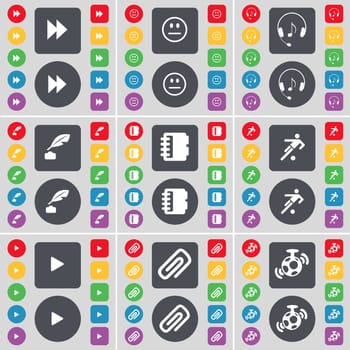 Rewind, Smile, Headphones, Inkpot, Notebook, Football, Media play, Clip, Microphone icon symbol. A large set of flat, colored buttons for your design. illustration