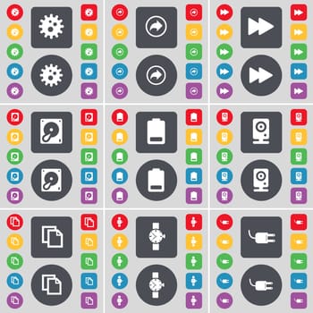 Gear, Back, Rewind, Hard drive, Battery, Speaker, Copy, Wrist watch, Socket icon symbol. A large set of flat, colored buttons for your design. illustration