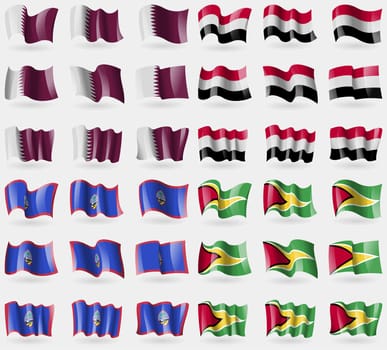 Qatar, Yemen, Guam, Guyana. Set of 36 flags of the countries of the world. illustration
