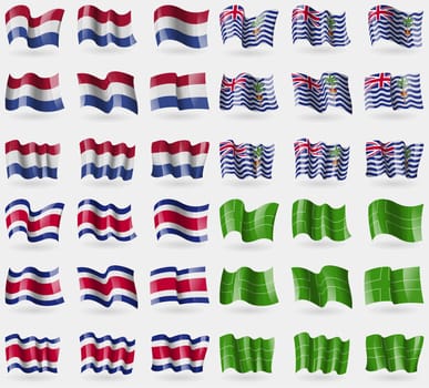 Netherlands, British Indian Ocean Territory, Costa Rica, Ladonia. Set of 36 flags of the countries of the world. illustration