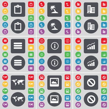 Survey, Palm, Building, Apps, Information, Graph, Globe, Window, Stop icon symbol. A large set of flat, colored buttons for your design. illustration