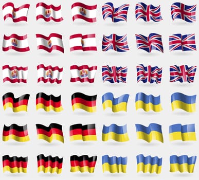 French Polynesia, United Kingdom, Germany, Ukraine. Set of 36 flags of the countries of the world. illustration