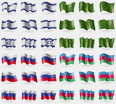 Israel, Adygea, Russia, Azerbaijan. Set of 36 flags of the countries of the world. illustration