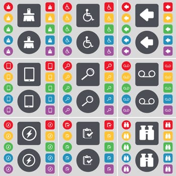 Brush, Disabled person, Arrow left, Tablet PC, Magnifying glass, Cassette, Flash, Survey, Binoculars icon symbol. A large set of flat, colored buttons for your design. illustration
