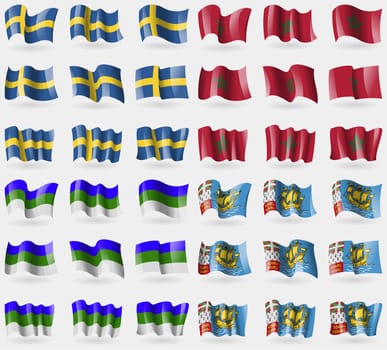 Sweden, Morocco, Komi, Saint Pierre and Miquelon. Set of 36 flags of the countries of the world. illustration