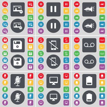 Picture, Pause, Trumped, Floppy disk, Smartphone, Cassette, Microphone, Minitor, Battery icon symbol. A large set of flat, colored buttons for your design. illustration