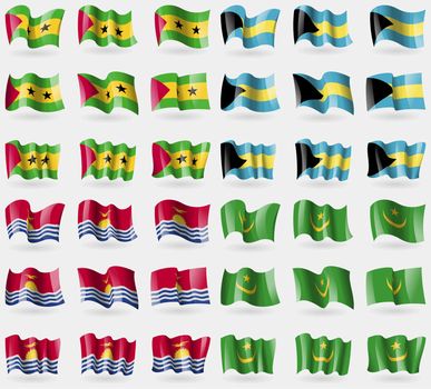 Sao Tome and Principe, Bahamas, Kiribati, Mauritania. Set of 36 flags of the countries of the world. illustration