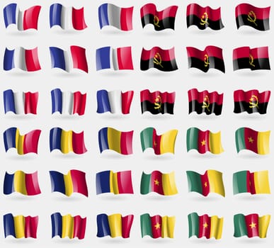 France, Angola, Chad, Cameroon. Set of 36 flags of the countries of the world. illustration