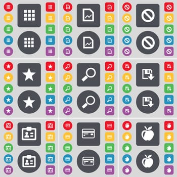 Apps, Graph file, Stop, Star, Magnifying glass, Floppy, Contact, Credit card, Apple icon symbol. A large set of flat, colored buttons for your design. illustration