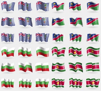 British Indian Ocean Territory, Namibia, Bulgaria, Suridame. Set of 36 flags of the countries of the world. illustration