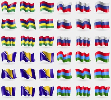 Mauritius, Russia, Bosnia and Herzegovina, Karelia. Set of 36 flags of the countries of the world. illustration