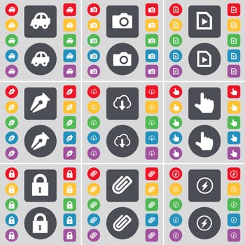 Car, Camera, Media file, Ink pen, Cloud, Hand, Lock, Clip, Flash icon symbol. A large set of flat, colored buttons for your design. illustration