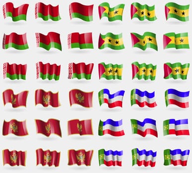 Belarus, Sao Tome and Principe, Montenegro, Khakassia. Set of 36 flags of the countries of the world. illustration